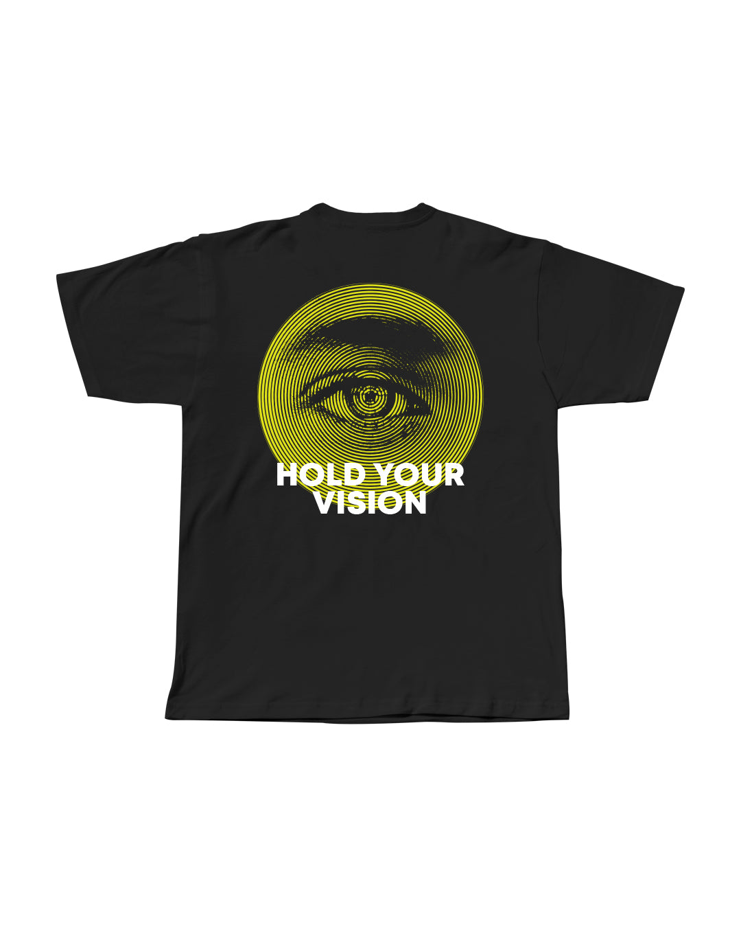 Black t-shirt with surreal eye graphic print and balance scales.