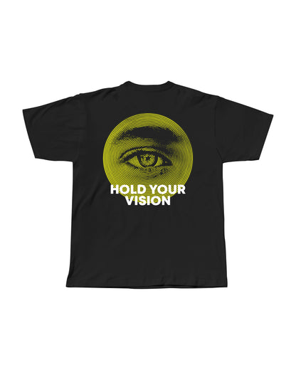 Black t-shirt with surreal eye graphic print and balance scales.