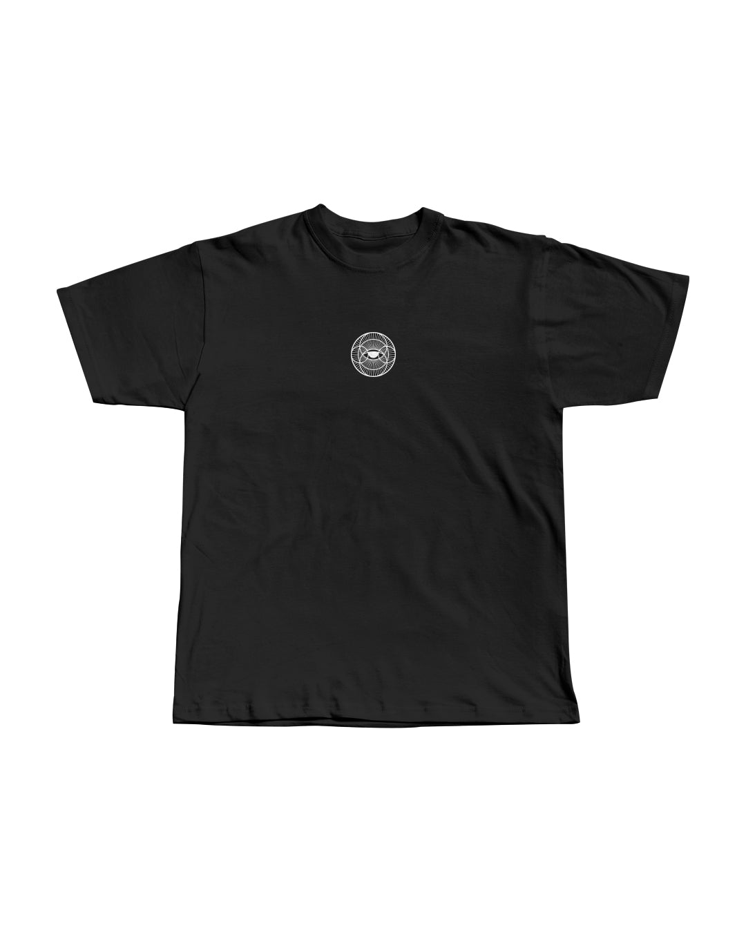 Black t-shirt with surreal eye graphic print and balance scales.