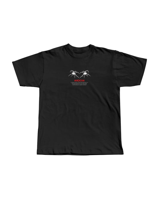 Black streetwear t-shirt with bold Widow graphic print.