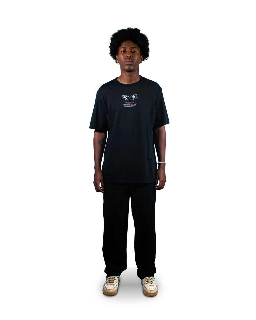 Black streetwear t-shirt with bold Widow graphic print.