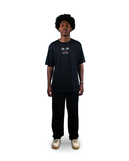 Black streetwear t-shirt with bold Widow graphic print.