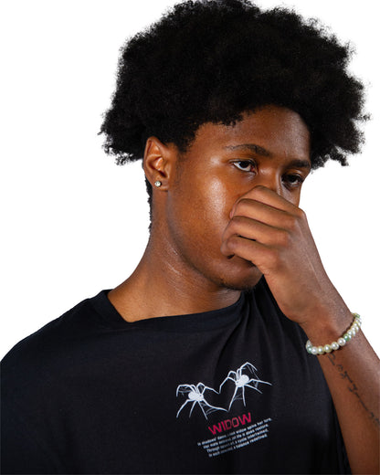 Black streetwear t-shirt with bold Widow graphic print.
