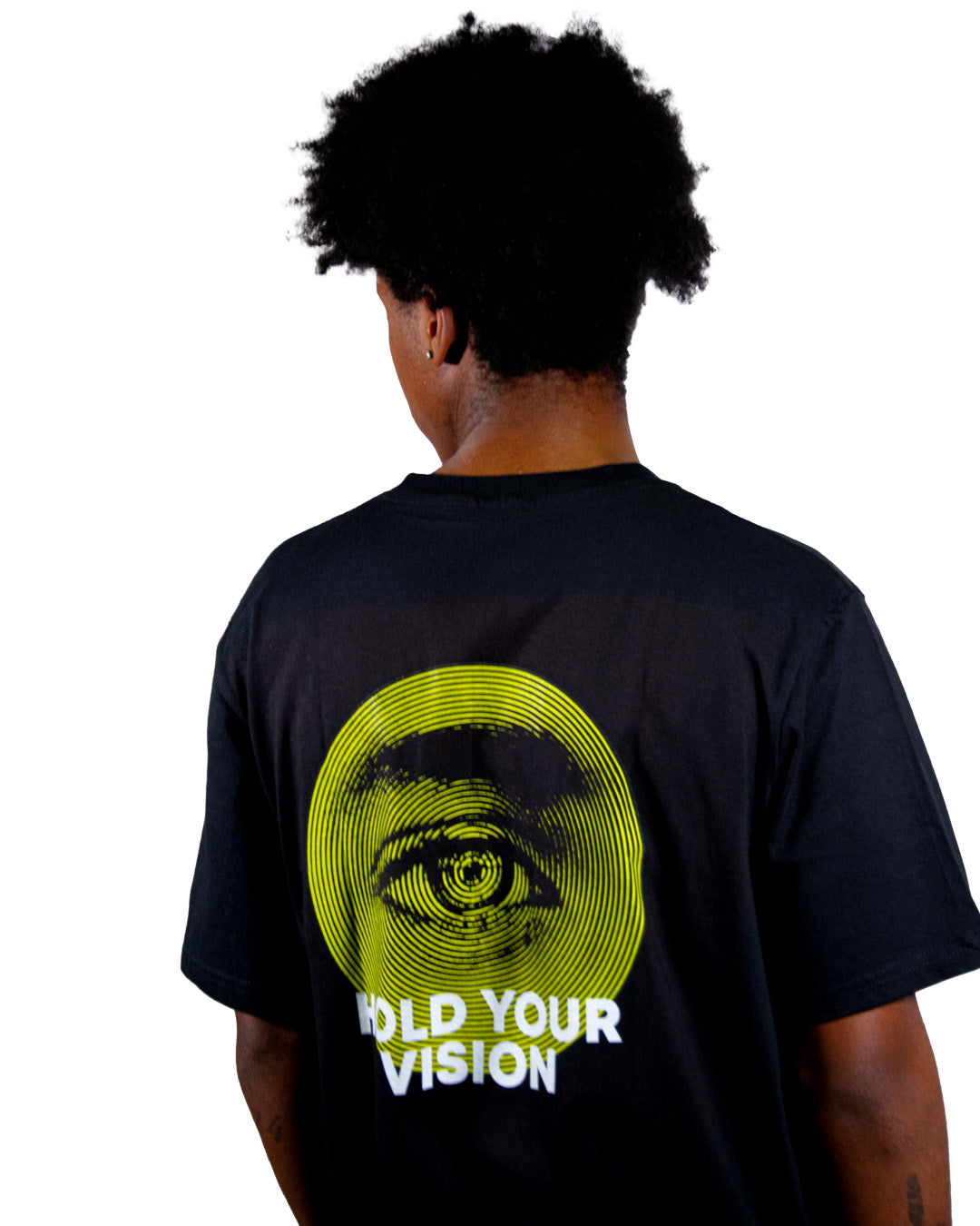 Black t-shirt with surreal eye graphic print and balance scales.