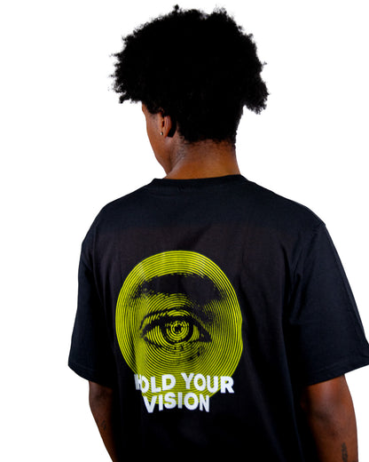 Black t-shirt with surreal eye graphic print and balance scales.