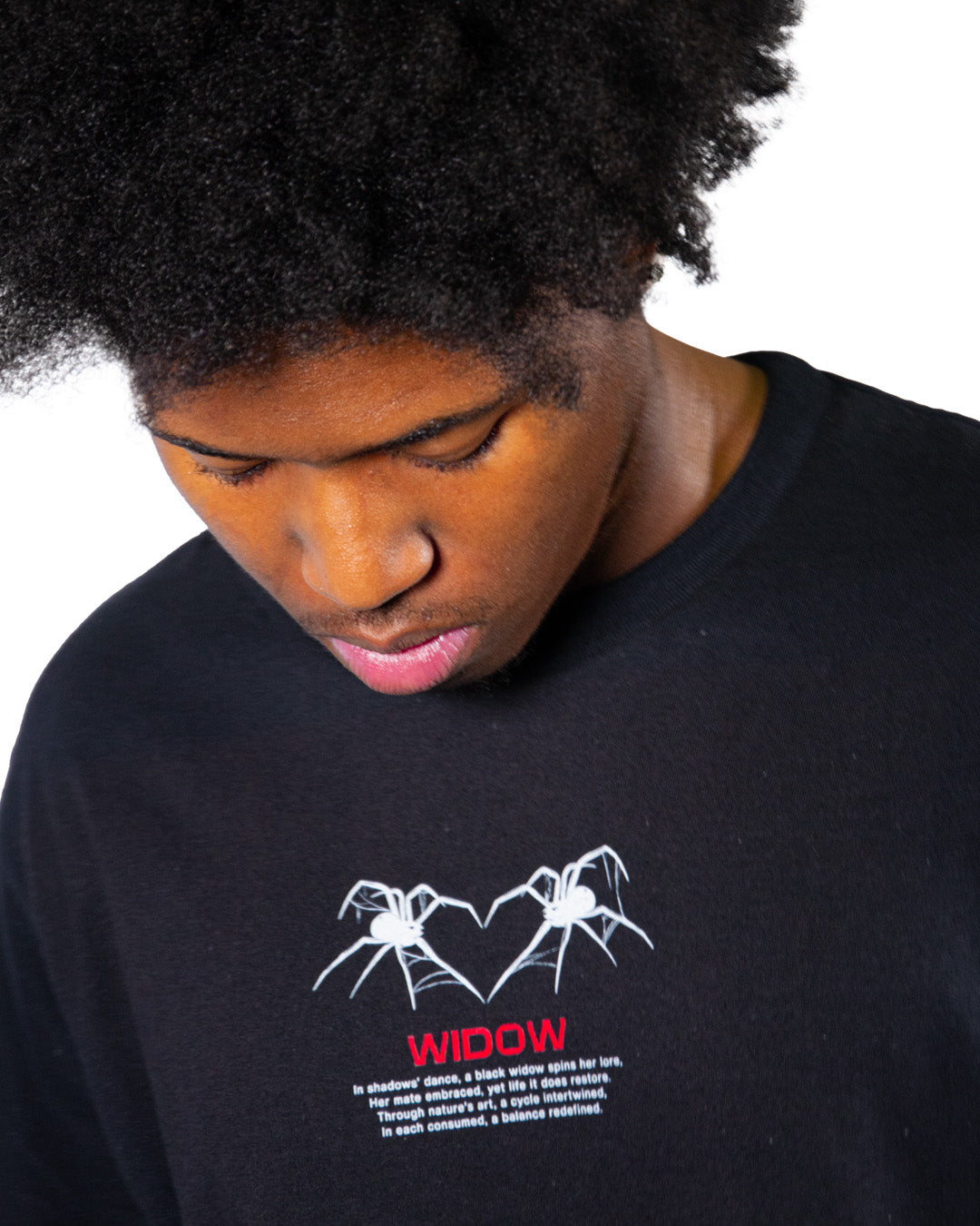 Black streetwear t-shirt with bold Widow graphic print.