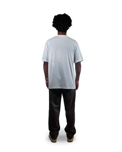 White streetwear t-shirt with abstract turquoise chest print by Glim Clothing.