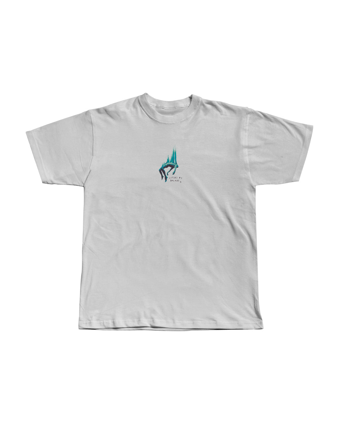 White streetwear t-shirt with abstract turquoise chest print by Glim Clothing.