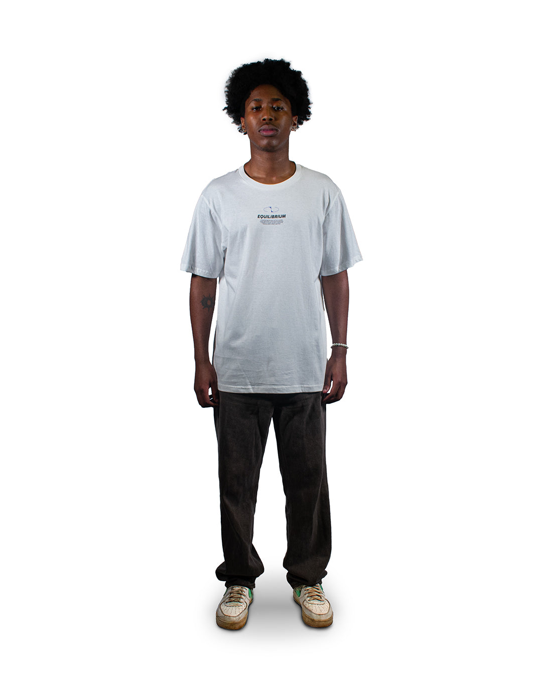 Graphic t-shirt with symmetrical Equilibrium design.