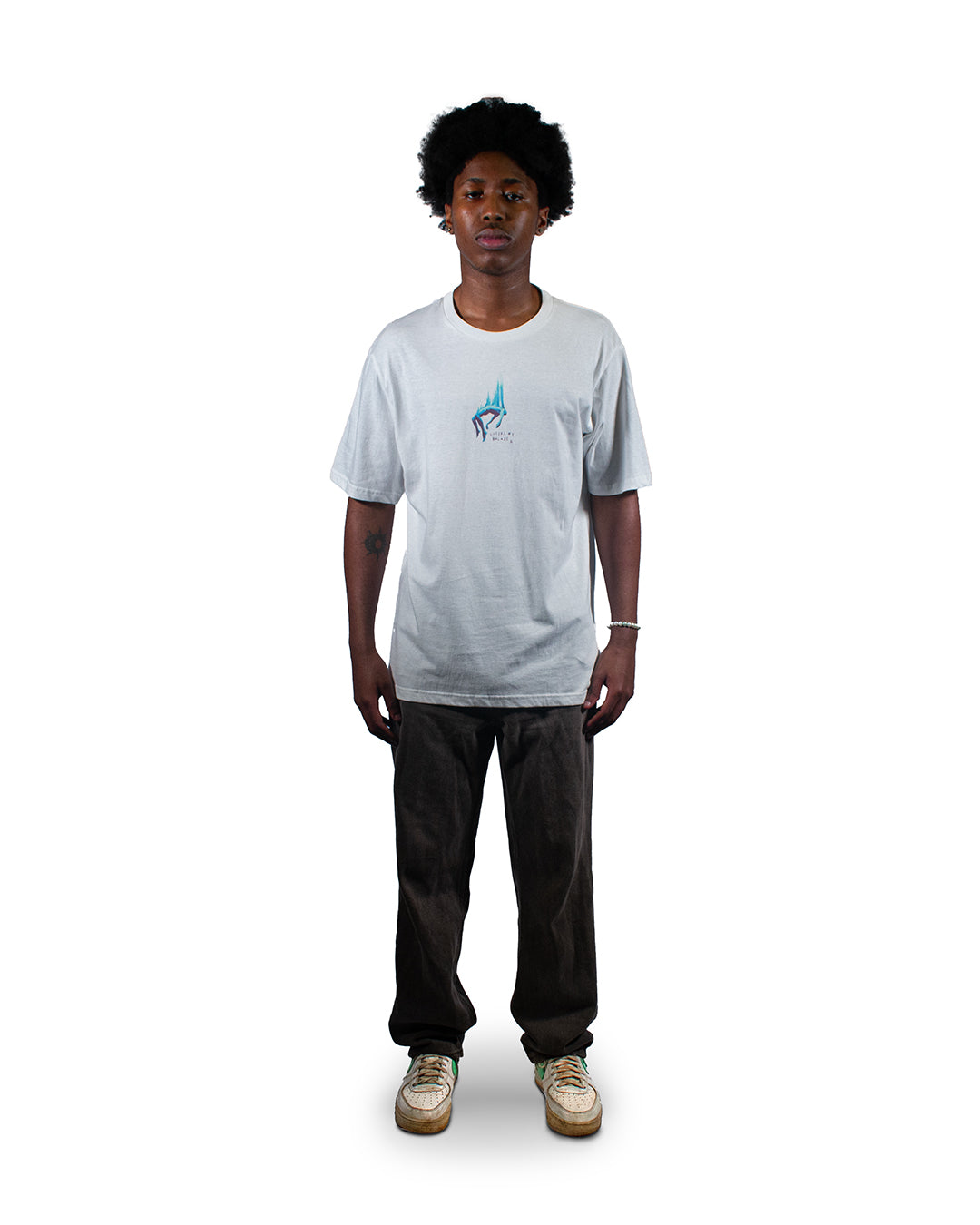 White streetwear t-shirt with abstract turquoise chest print by Glim Clothing.