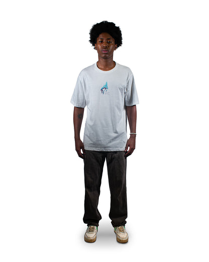 White streetwear t-shirt with abstract turquoise chest print by Glim Clothing.