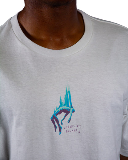 White streetwear t-shirt with abstract turquoise chest print by Glim Clothing.